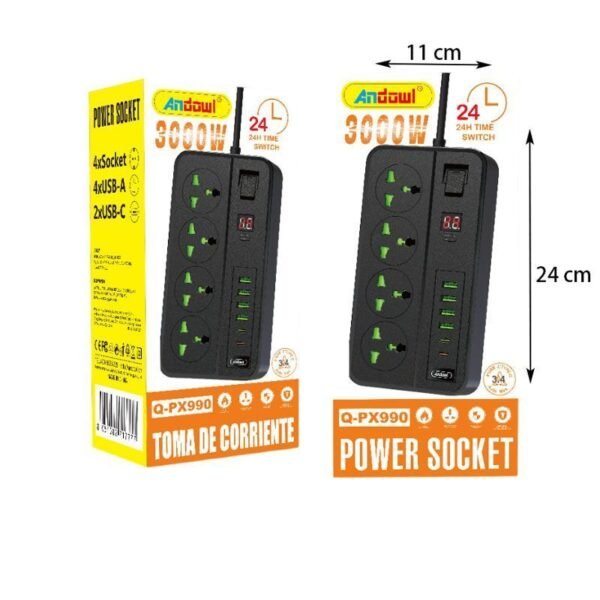 Andowl Πολύμπριζο 4 θέσεων με θύρες USB και Type-C 3000W Q-PX990 - Power Socket