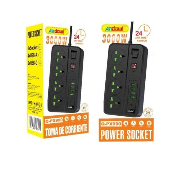 Andowl Πολύμπριζο 4 θέσεων με θύρες USB και Type-C 3000W Q-PX990 - Power Socket