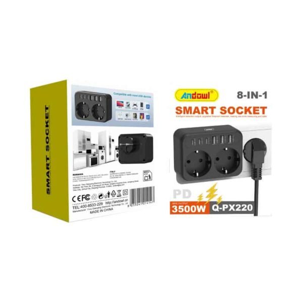 0751108 Andowl Πολύπριζο 8 σε 1 με 2 Πρίζες & 6 Θύρες USB 3500W Q-PX220- Smart Socket