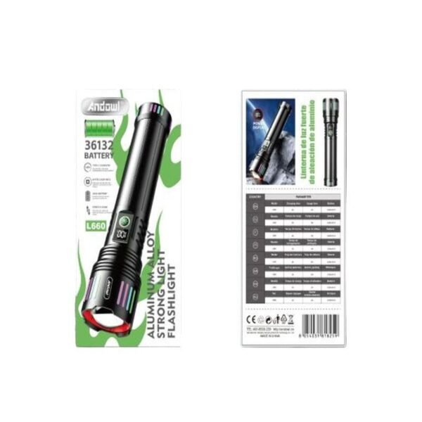 Andowl Επαναφορτιζόμενος Φακός Led 2000mAh με 5 λειτουργίες με δυνατότητα ζουμ L660 - Aluminum Alloy Strong Light Flashlight