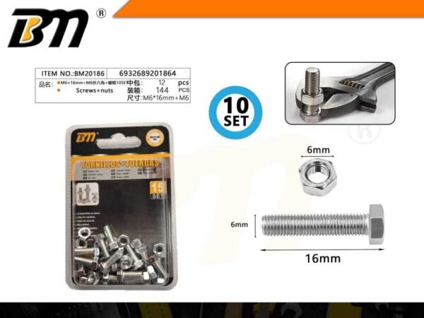 Εξάγωνη βίδα με παξιμάδι - M6×16mm+M6 - Σετ 12 πακέτα των 10 ζευγαριών - 201864