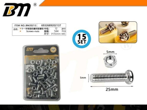 Βίδα σταυρός με παξιμάδι - 5mmx25mm+M5 - Σετ 12 πακέτα των 15 τεμαχίων - 202137