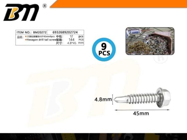 202724-1 Αυτοδιάτρητη βίδα εξάγωνη - 4.8mm*45mm - Σετ 12 πακέτα των 9 τεμαχίων - 202724
