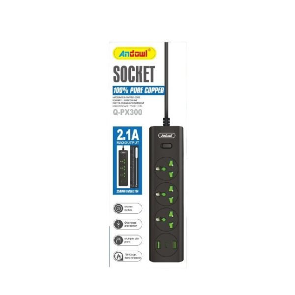 z774223 Andowl Πολύπριζο με Αγγλική Πρίζα 3 Θέσεων + 2 USB Θύρες με Διακόπτη Q-PX300 - Socket
